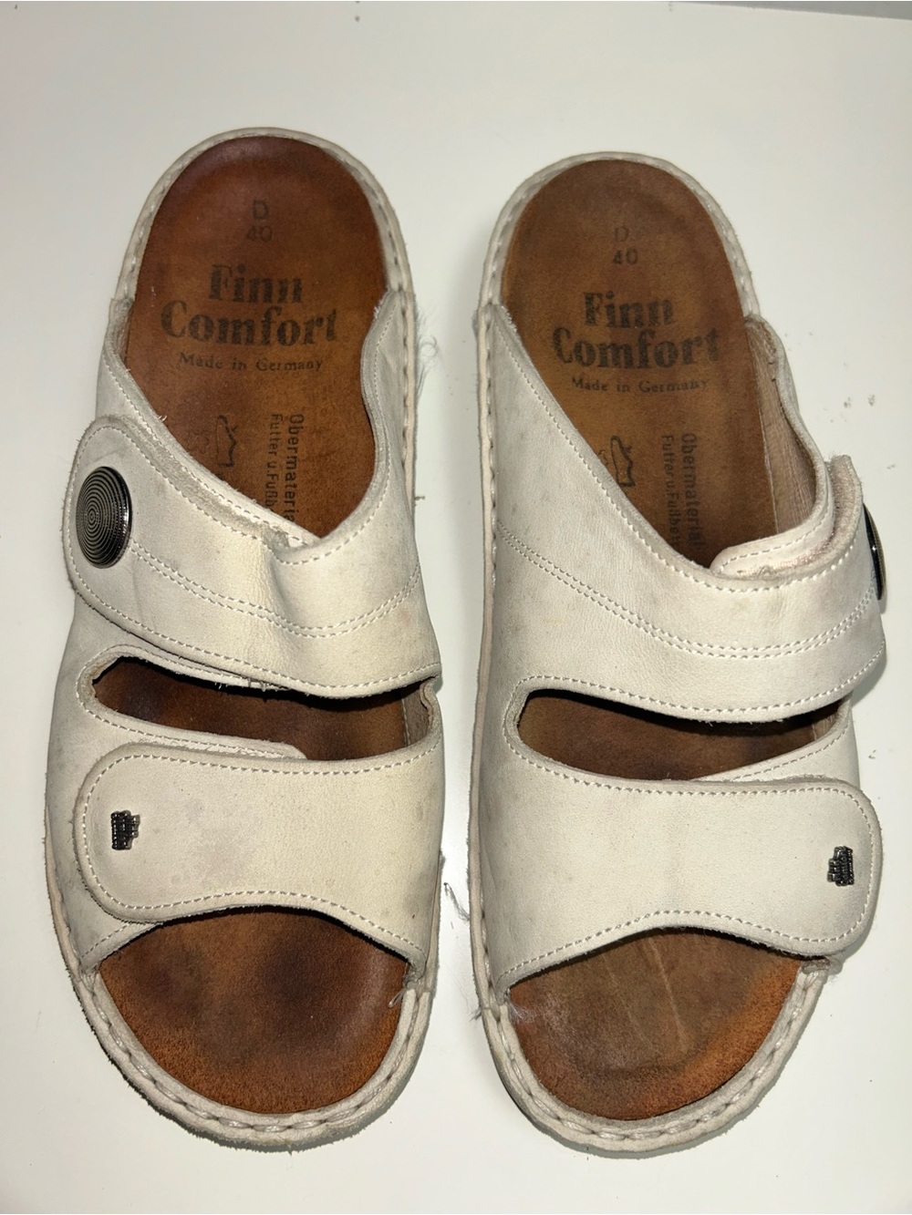 Finn Comfort Sansibar Beige Tan Leather Two Strap Hook Loop Slide Sandal